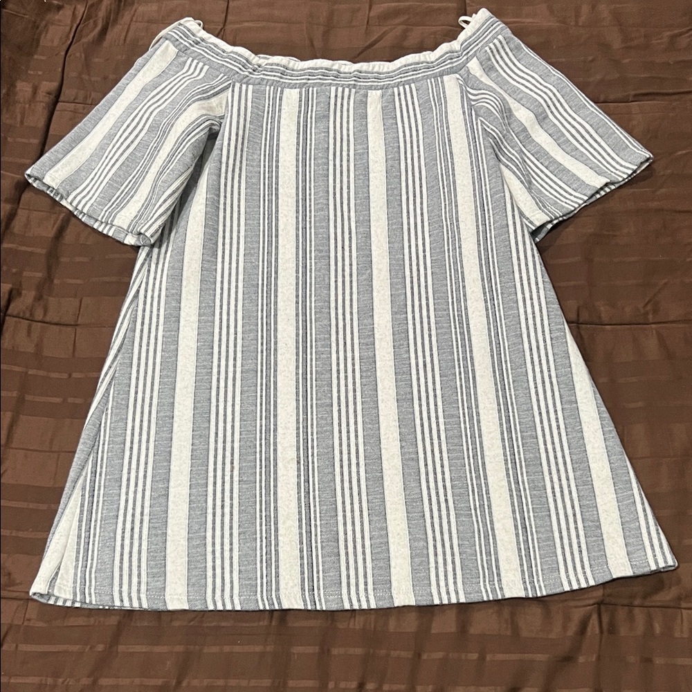 Zara Off-Shoulder Dress - Blue and White Stripes